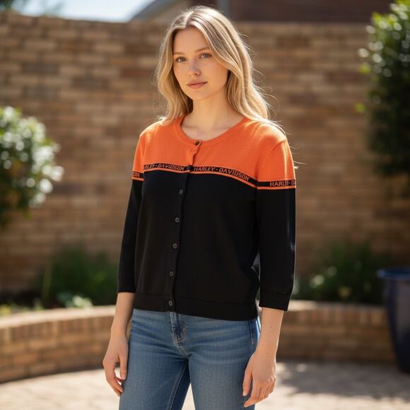 Vintage Harley Davidson Lightweight Knit Cardigan Sweater Small Biker Bikercore - Picture 1 of 6